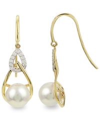 Pearls - 14K 0.19 Ct. Tw. Diamond 8-8.5Mm Pearl Earrings - Lyst