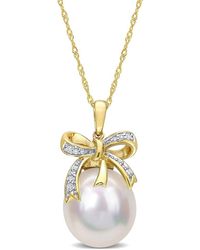 Rina Limor - 10k 0.08 Ct. Tw. Diamond 12-12.5mm Pearl Bow Pendant Necklace - Lyst