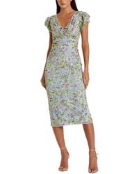Mac Duggal - Beaded Mesh V Neck Flutter Cap Sleeve Midi Dress - Lyst