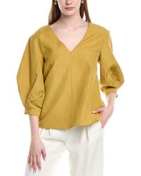 Lafayette 148 New York - Balloon Sleeve V-neck Silk & Linen-blend Blouse - Lyst