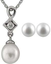 Splendid - Silver 6.5-7mm Freshwater Pearl & Cz Earrings & Necklace Set Set - Lyst