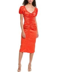 Ganni - Crinkled Satin Gathered U-Neck Midi Dress - Lyst