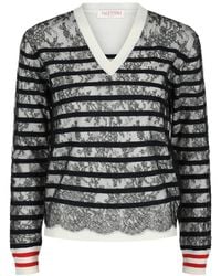 Valentino - Lace Striped V-Neck Sweater - Lyst