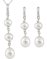 Splendid - Silver 5.5-8.5mm Freshwater Pearl & Cz Earrings & Necklace Set Set - Lyst