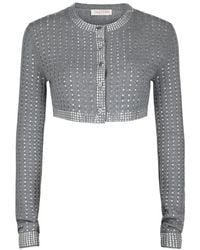 Valentino - Cropped Crystal-Embellished Ribbed Wool Cardigan - Lyst