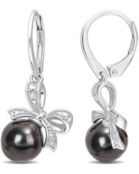 Rina Limor - Silver 0.02 Ct. Tw. Diamond 8-9mm Pearl Bow Earrings - Lyst