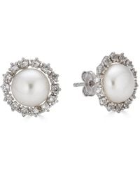 Belpearl - Silver 9.5-9mm Freshwater Pearl Cz Earrings - Lyst
