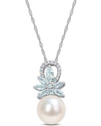 Rina Limor - 14k 0.67 Ct. Tw. Diamond & Aquamarine 9.5-10mm Pearl Flower Pendant Necklace - Lyst