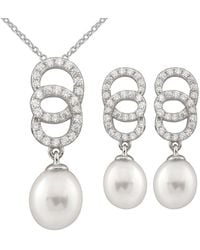 Splendid - Silver 7-8mm Freshwater Pearl & Cz Earrings & Necklace Set Set - Lyst