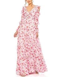 Mac Duggal - Floral Print Drop Shoulder Ruffle Sleeve Gown - Lyst