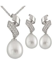 Splendid - Rhodium Plated 7-9mm Pearl Cz Necklace & Earrings Set - Lyst