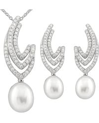 Splendid - Rhodium Plated 7.5-8mm Pearl & Cz Necklace & Earrings Set - Lyst