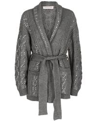 Valentino - Embellished Cable-Knit Belted Cardigan Sweater - Lyst