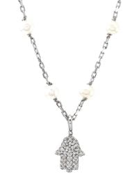 Gemstones - Silver 0.07 Ct. Tw. Diamond 3-4mm Pearl Hamsa Necklace - Lyst
