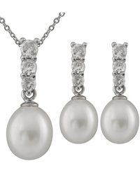 Splendid - Silver 7-7.5mm Freshwater Pearl & Cz Necklace & Drop Earrings Set - Lyst