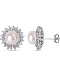 Pearls - Silver 8.5-9mm Freshwater Pearl & Cz Earrings - Lyst