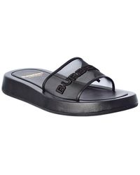 Burberry Embroidered Logo Mesh And Leather Slides in Natural | Lyst