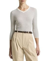 Vince - Striped High V-Neck Cashmere & Silk-Blend Sweater - Lyst