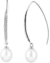Splendid - Rhodium Plated Silver 7-7.5mm Freshwater Pearl & Cz Drop Earrings - Lyst