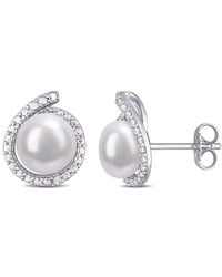 Rina Limor - Silver 0.02 Ct. Tw. Diamond 8-8.5mm Pearl Halo Earrings - Lyst