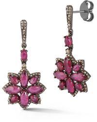 Banji Jewelry - Silver 10.15 Ct. Tw. Diamond & Glass Filled Ruby Drop Earrings - Lyst