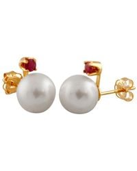 Splendid - Splendid Freshwater Pearls 14k 0.10 Ct. Tw. Ruby & 7-7.5mm Freshwater Pearl Studs - Lyst