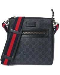 Gucci - Black GG Supreme Leather Web Small Flat Messenger Bag (authentic Pre- Loved) - Lyst