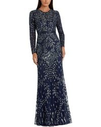 Mac Duggal - Long Sleeve Beaded Mesh High Neck A-line Gown - Lyst