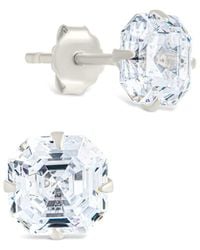 Sterling Forever - Silver Cz Asscher Cut Prong Set Stud Earrings - Lyst