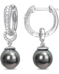 Rina Limor - Silver 0.02 Ct. Tw. Diamond 8-8.5mm Pearl Drop Huggie Earrings - Lyst