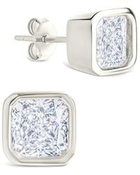 Sterling Forever - Silver Cz Radiant Cut Bezel Set Stud Earrings - Lyst