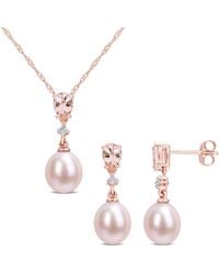 Rina Limor 10k Rose Gold 1.26 Ct. Tw. Diamond & Morganite 8-8.5mm Pearl Jewellery Set - Pink