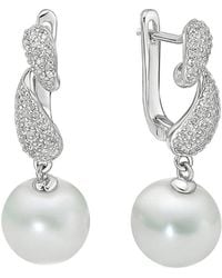 Belpearl - Silver 10mm Freshwater Pearl Cz Earrings - Lyst