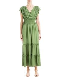 Max Studio - Crepe Flutter Sleeve V-neck Smocked Maxi Tiered Dress - Lyst