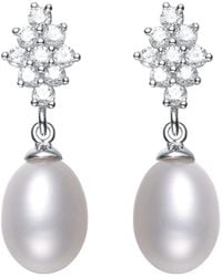 Genevive Jewelry - Silver Pearl & Cz Drop Earrings - Lyst