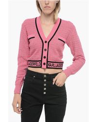 Karl Lagerfeld - Bouclè Fabric Cropped Cardigan With Logoed Band - Lyst