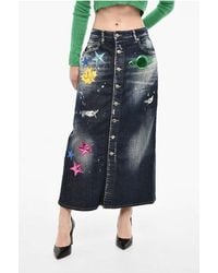 DSquared² - Denim Maxi Skirt With Metallic Leather Patches - Lyst