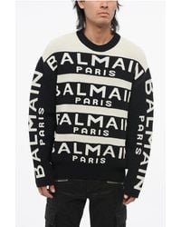 Balmain - Crewneck Two-Tone Sweater With All-Over Logo - Lyst
