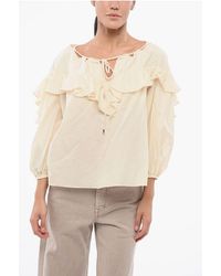 Pinko - Solid Color Cotton And Silk Bones Blouse With Ruffles - Lyst