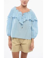Pinko - Solid Color Cotton And Silk Bones Blouse With Ruffles - Lyst