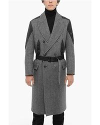 Neil Barrett - Herringbone Motif Virgin Wool Double Breast Coat With Belt - Lyst