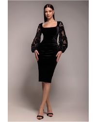 Goddiva - Square Neck Scalloped Crochet Sleeve Velvet Midi Dress - Lyst