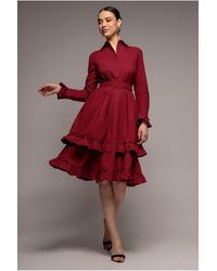 Goddiva - Tiered Shirt Belted Long Sleeve Midi Dress - Lyst