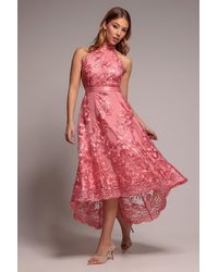 Goddiva - Halter Neck Lace High And Low Dress - Lyst