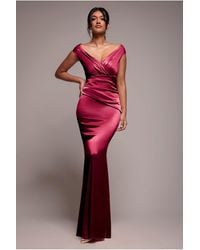 Goddiva - Satin Off The Shoulder Maxi Dress - Lyst