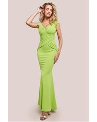 Goddiva - Bardot Pleated Maxi With Metal Trim Maxi Dress - Lyst