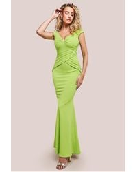 Goddiva - Bardot Pleated Maxi With Metal Trim Maxi Dress - Lyst