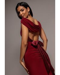 Goddiva - Open Back Cowl Neck Gathered Maxi Dress With Velvet Tie Back - Lyst