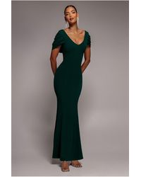 Goddiva - V Neck Cowl Back Pleated Sleeve Scuba Maxi Dress - Lyst