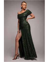 Goddiva - Off The Shoulder Sequin Cowl Drawstring Maxi Dress - Lyst